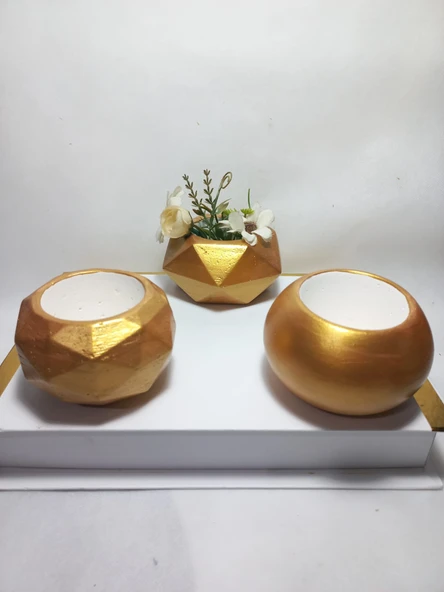Dekoratif  Antiquity Gold Saksı 3'lü Set - Kaktüs/Sukulent Saksısı,Çiçeklik Seti ürün görseli 1