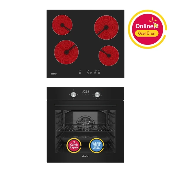 Simfer 4 Fonksiyon Trend Dijital Siyah Power Turbo Elektrikli 2'li Ankastre Set (Fırın + Elektrikli Ocak) ürün görseli 1