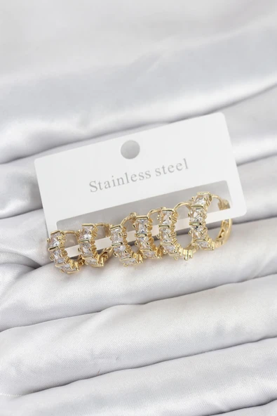 316L Çelik Gold Renk Baget Zirkon Taşlı Halka Küpe Seti - TJ-BKP11528 ürün görseli 1