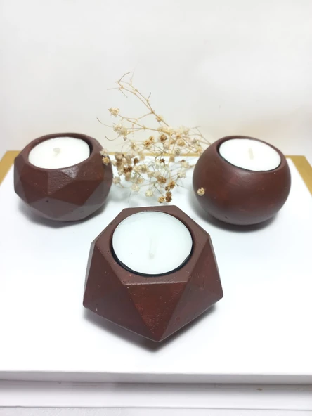 Geometrik Desenli Chocolate Kahve 3'lü Mumluk Set, Dekoratif Masa Sehpa Üstü Aksesuar ürün görseli 1