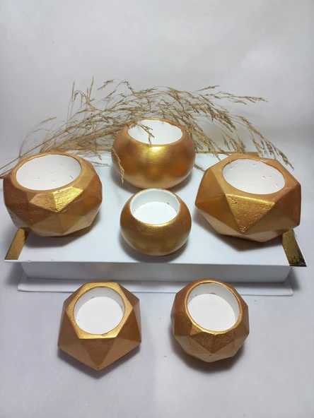 Antiquity Gold Ev ve Ofis Aksesuarı Sukulent/Kaktüs Saksı, Mumluk Set Dekoratif Obje 6 Parça ürün görseli 1