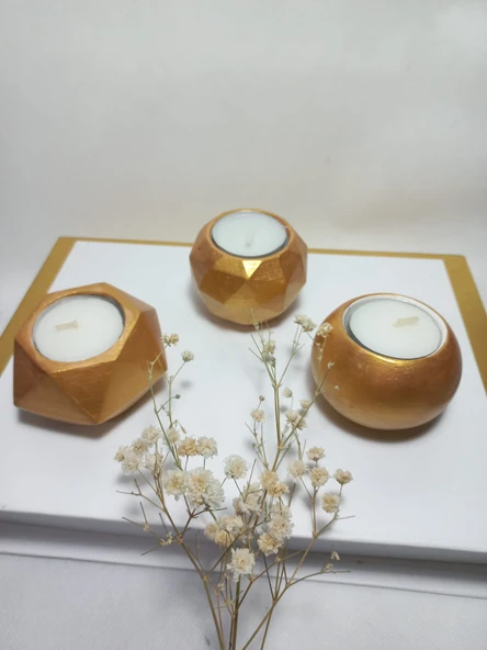 Geometrik Desenli  Antiquity Gold 3'lü Mumluk Set, Dekoratif Masa Sehpa Üstü Aksesuar ürün görseli 1