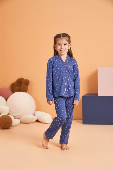 Pjs Kız Çocuk Kalpli Önden Düğmeli Gömlek Yaka Uzun Kollu Pijama Takım ürün görseli 1