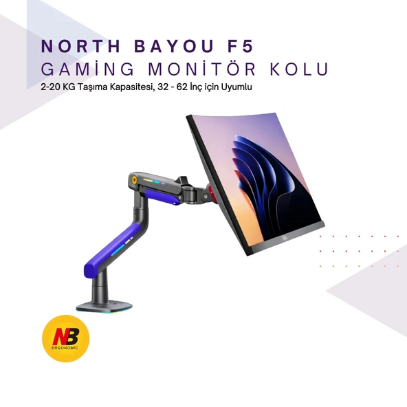 NB F5-GB Gaming Monitör Kolu 32-60 RGB Işıklı 2-20 KG Yüksek Taşıma Kapasiteli Profesyonel Monitör Askısı MAVİ ürün görseli 1