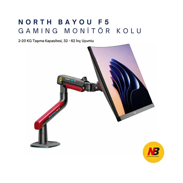 NB F5-GR Gaming Monitör Kolu 32-60 inç RGB Işıklı 2-20 KG Yüksek Taşıma Kapasiteli Profesyonel Monitör Askısı KIRMIZI ürün görseli 1
