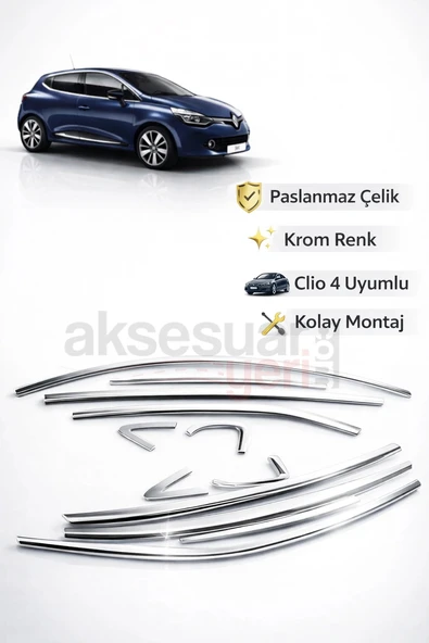 Renault Clio 4 Krom Cam Çıtası Çerçevesi Tam Tur Paslanmaz Çelik ürün görseli 1