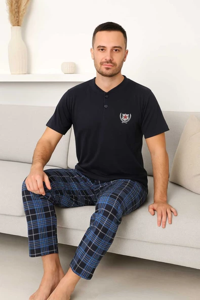 Erkek Pijama Takımı %100 Pamuk Kısa Kollu ürün görseli 1