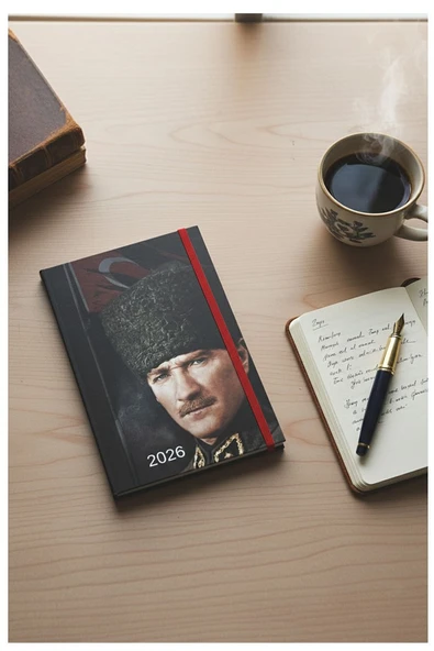2026 Atatürk Ajanda Premium Sert Kapak Özel Baskı 17x24 cm Lastikli Ajanda Atatürk Kapaklı Siyah OFS907ATA ürün görseli 1