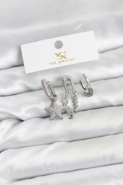 Pirinç Gümüş Renk Zirkon Taşlı Yıldız Vintage Model YSX Trio Küpe Seti TJ-BKP11563 ürün görseli 1