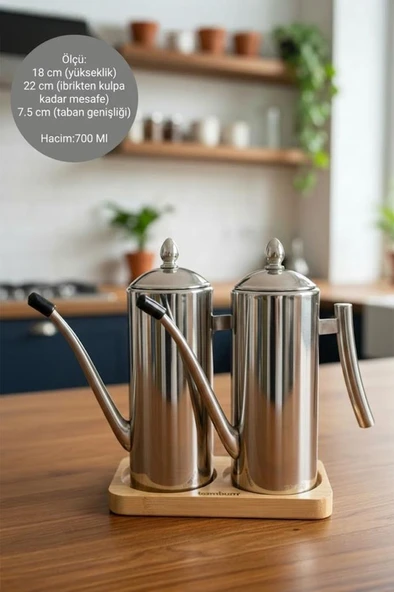 Bambum Standlı 2'li Çok Amaçlı Çelik Demlik Yağlık Yağdanlık 1000ml ürün görseli 1