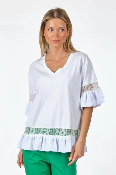 Unique Mode Oversize V Yaka Dantelli Kadın T-Shirt - Günlük Stil ürün görseli 1