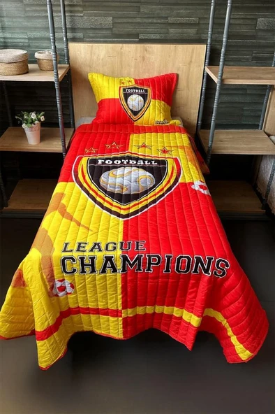 Football Tek Kişilik Kapitoneli Yatak Örtüsü Sarı Kırmızı 180x240 cm ürün görseli 1