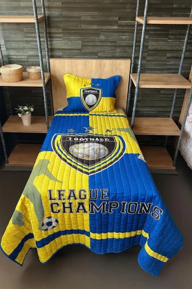 Football Tek Kişilik Kapitoneli Yatak Örtüsü Sarı Lacivert 180x240 cm ürün görseli 1