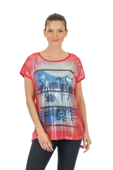 Twomail Oversize Flamingo Desenli Kadın T-Shirt - Kısa Kol Rahat Günlük ürün görseli 1