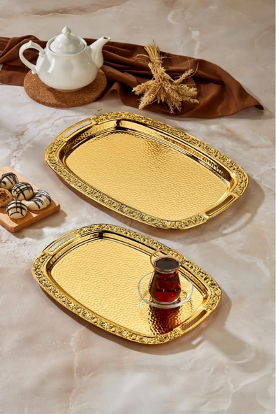Cooker 2'li Metal Oval Gold Sunum Tepsisi 49x30 cm ve 37x23 cm CKR3567 ürün görseli 1