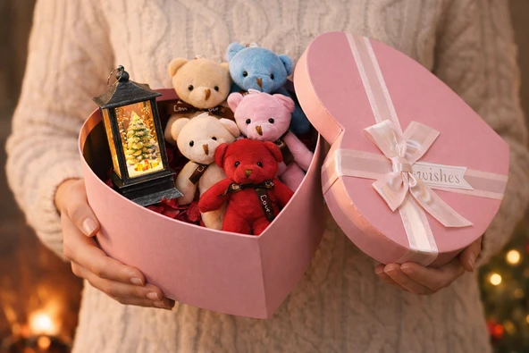 Sevgiliye Özel Romantik Hediye Seti Kalp Kutuda 5 Adet Peluş Ayıcık & Çam Ağacı Figürlü Işıklı Fener ürün görseli 1