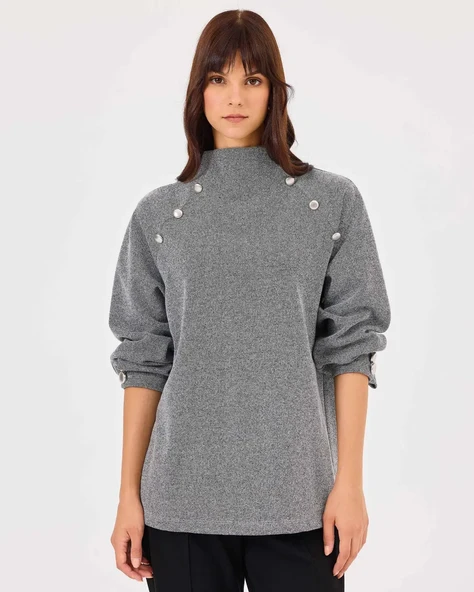 dik yaka düğme detaylı sweatshirt Scl - Resim 4