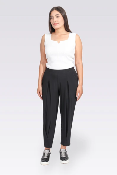 PİLE DETAYLI RAHAT KESİM BELİ LASTİKLİ ÖRME PANTOLON ürün görseli 1