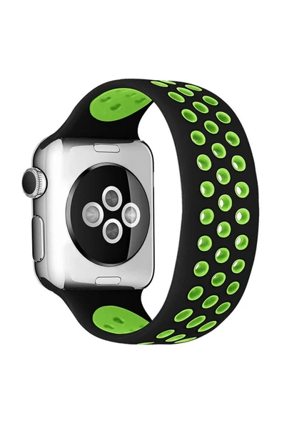 Apple Watch 42mm Ayarlı Delikli Silikon Kordon - Siyah-Yeşil-(5796) ürün görseli 1