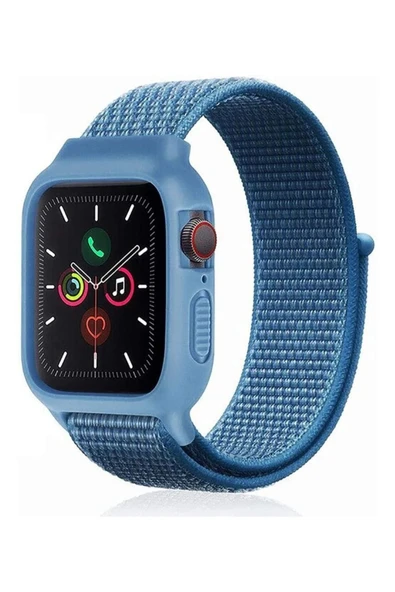 Apple Watch 42mm Hasırlı Cırtcırtlı Kasalı Kordon - Mavi-(5796) ürün görseli 1