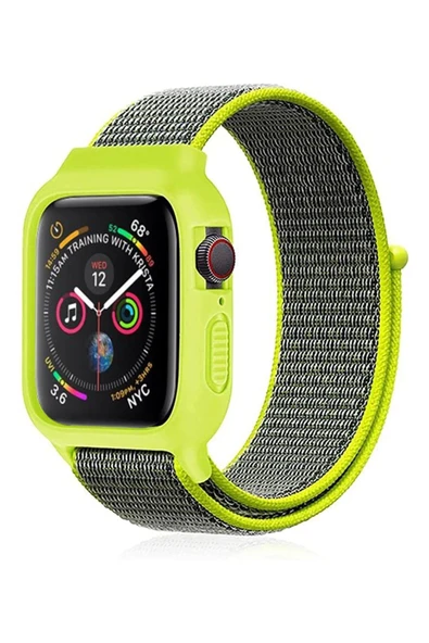 Apple Watch 38mm Hasırlı Cırtcırtlı Kasalı Kordon - Yeşil-(5796) ürün görseli 1