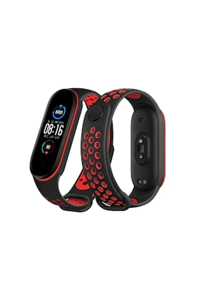 Xiaomi Mi Band 6 Spor Delikli Kordon - Siyah-Kırmızı-(5796) ürün görseli 1