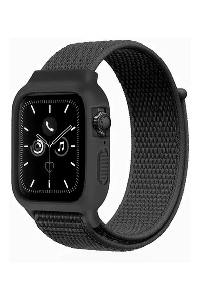 Apple Watch 38mm Hasırlı Cırtcırtlı Kasalı Kordon - Siyah-(5796) ürün görseli 1