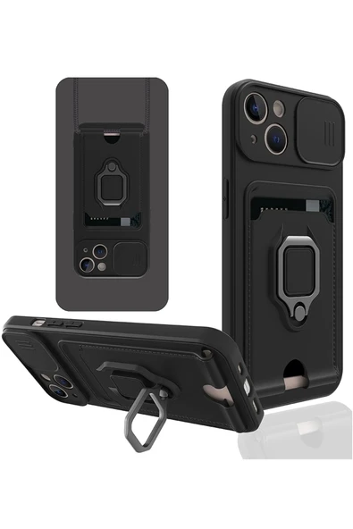 iPhone 14 Plus Kılıf Zuma Kartvizitli Yüzüklü Silikon - Siyah-(5796) ürün görseli 1