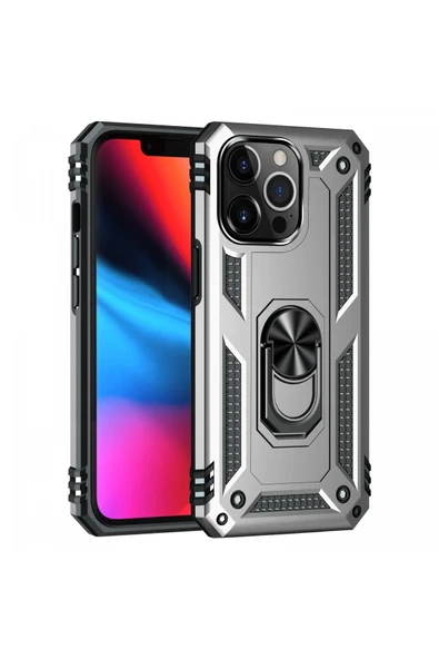iPhone 13 Pro Max Kılıf Sofya Yüzüklü Silikon Kapak - Gümüş-(5796) ürün görseli 1