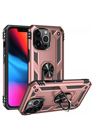 iPhone 13 Pro Kılıf Sofya Yüzüklü Silikon Kapak - Rose-(5796) - Resim 2