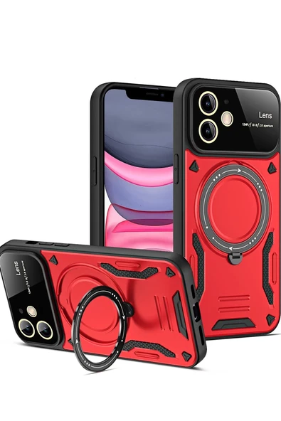 iPhone 11 Kılıf Joy Lens Standlı Kapak - Kırmızı-(5796) ürün görseli 1