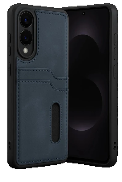 Samsung Galaxy S25 Edge Sara Kartvizitli Deri Kılıf - Lacivert-(5796) ürün görseli 1