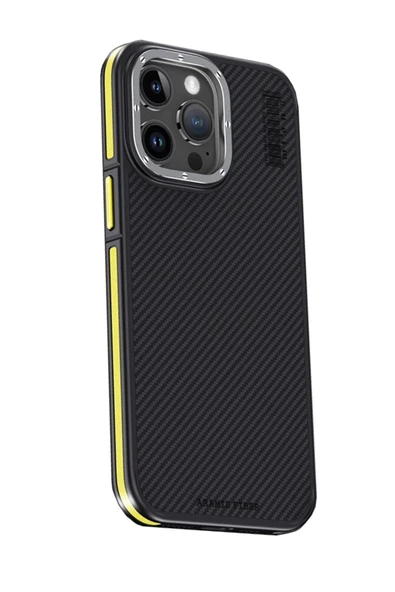 iPhone 15 Pro Kılıf Aramid 600D Kevlar Karbon Fiber Magsafe Kapak - Sarı-(5796) ürün görseli 1