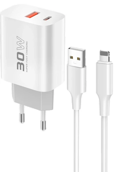 C89Q 1 Adet 30W Type-C ve 1 Adet 22.5W USB Çıkışlı Ekstra DL48 1M USB to Lightning Kablolu PD Şarj Cihazı - Beyaz-(5796) ürün görseli 1
