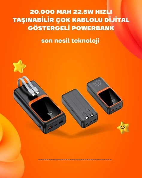 Powerbank 20000 mAh | 22.5W Hızlı Şarj, Dahili Kablolu, LCD Ekranlı Şarj Cihazı MİR10036729 ürün görseli 1