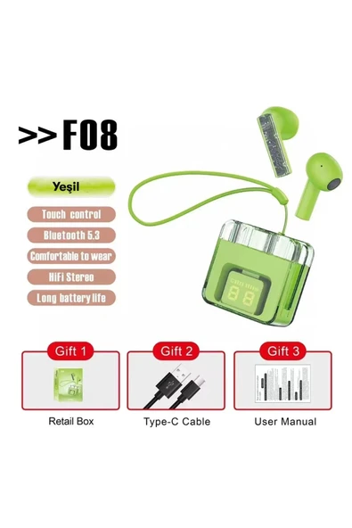 F08 Dijital Şarj Göstergeli TWS Bluetooth Kulaklık - Yeşil-(5796) ürün görseli 1