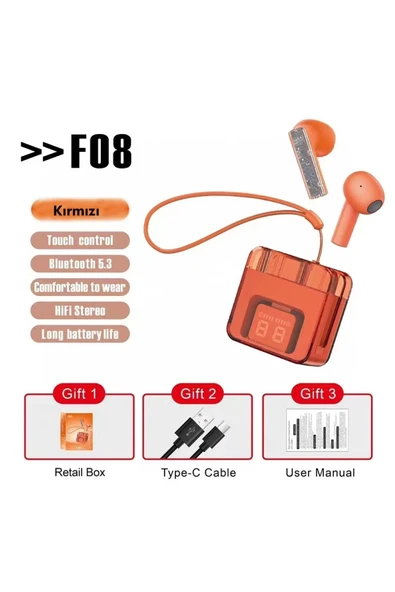 F08 Dijital Şarj Göstergeli TWS Bluetooth Kulaklık - Kırmızı-(5796) ürün görseli 1