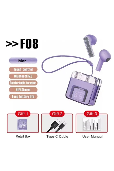 F08 Dijital Şarj Göstergeli TWS Bluetooth Kulaklık - Mor-(5796) ürün görseli 1