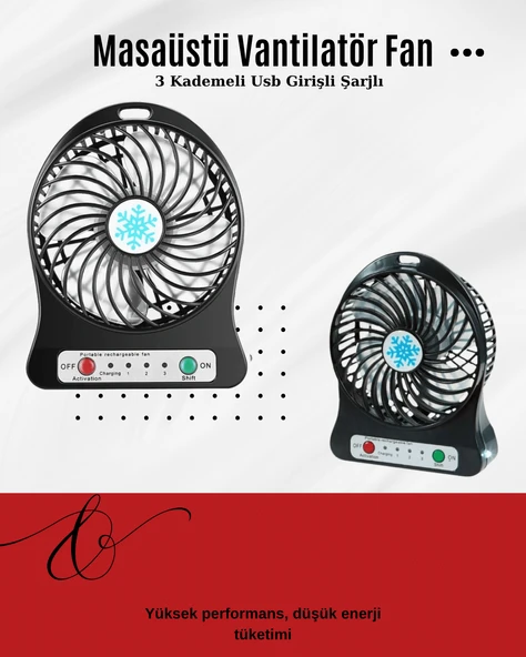 USB Girişli Taşınabilir Masaüstü Mini Fan – 3 Kademeli Hız, Şarjlı, Işıklı, Sessiz Çalışma MİR27460788 ürün görseli 1
