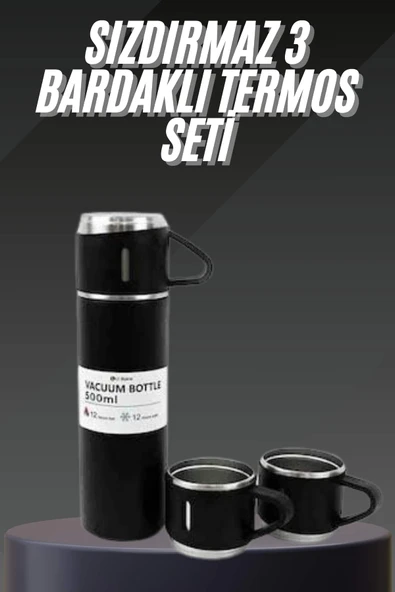 Termos Seti Paslanmaz Çelik 3 Bardaklı Vakumlu Termos Set 500 Ml 12 Saate Kadar Isı Koruma MİR80882437 ürün görseli 1