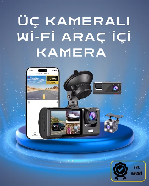 Üç Kameralı 1080p Full HD Araç İçi Kamera – G-Sensörlü ve Gece Görüşlü MİR59278342 ürün görseli 1