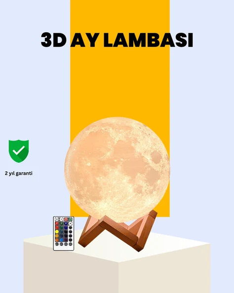 Şarjlı 3D Baskılı 16 Renk Ay Lambası Ahşap Stand ve Uzaktan Kumanda ürün görseli 1
