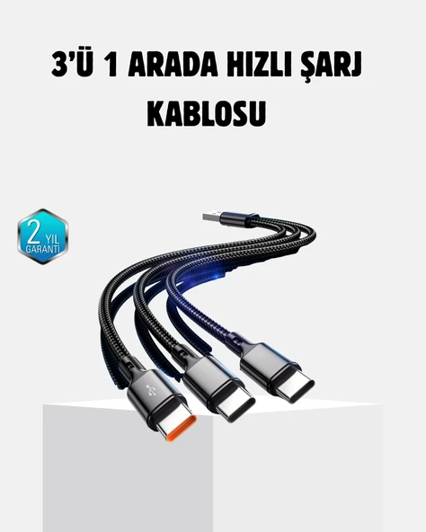 3 Başlıklı Hızlı Şarj Kablosu Metal Alaşımlı Dayanıklı ve Akıllı Çipli MİR94411409 ürün görseli 1