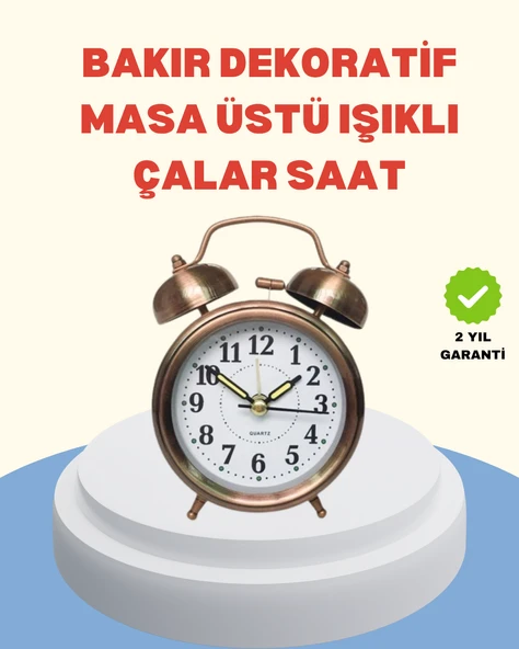 Metal Bronz Nostaljik Masa Saati Alarmlı Büyük Boy Sessiz Mekanizmalı MİR23174298 ürün görseli 1