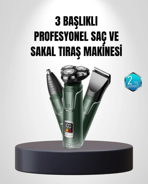 3D Akıllı Kesim Teknolojili Şarjlı Tıraş Seti – 3 Başlıklı, Paslanmaz Çelik Bıçaklı MİR40879726 ürün görseli 1