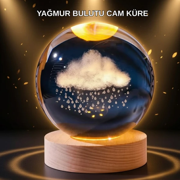 LED Sıcak Işıklı 3D Bulut Figürlü Kristal Küre Ahşap Standlı Gece Lambası MİR25106519 ürün görseli 1
