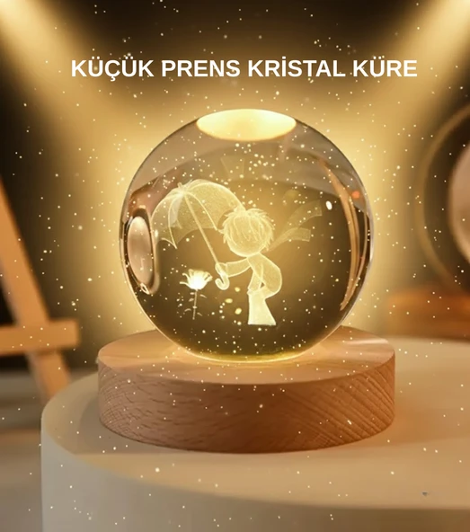 USB LED 3D Küçük Prens Kristal Küre Ahşap Standlı Gece Lambası MİR64794787 ürün görseli 1