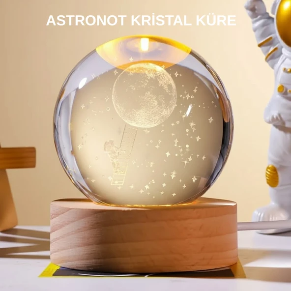 Ahşap Tabanlı 3D Astronot Küre Lamba Çocuk Odası ve Masa Üstü Dekor MİR28499532 ürün görseli 1