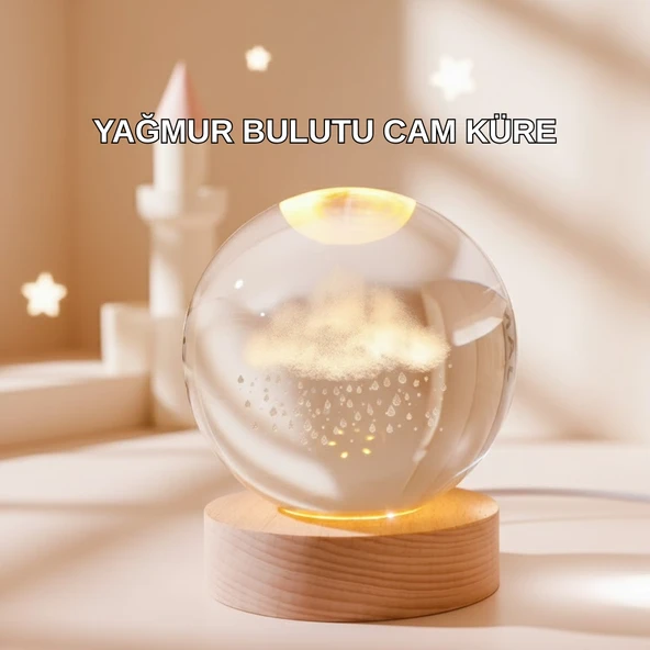 3D Yağmur Bulutu Desenli Kristal Top USB Gece Lambası Ahşap Tabanlı Dekoratif Lamba MİR32377805 ürün görseli 1