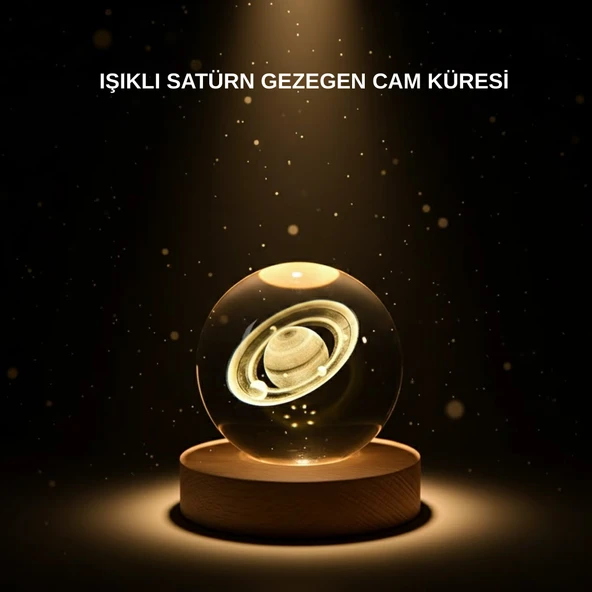 Ahşap Tabanlı 3D Satürn Kristal Küre Atmosfer Lambası MİR07822077 ürün görseli 1